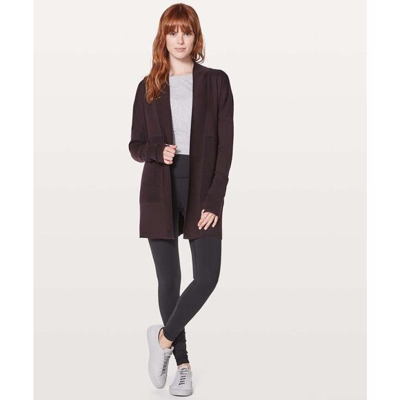 Lululemon Sit In Lotus Wrap II Merino Wool Black Cherry Cardigan Sweater Size 6 - Picture 2 of 12